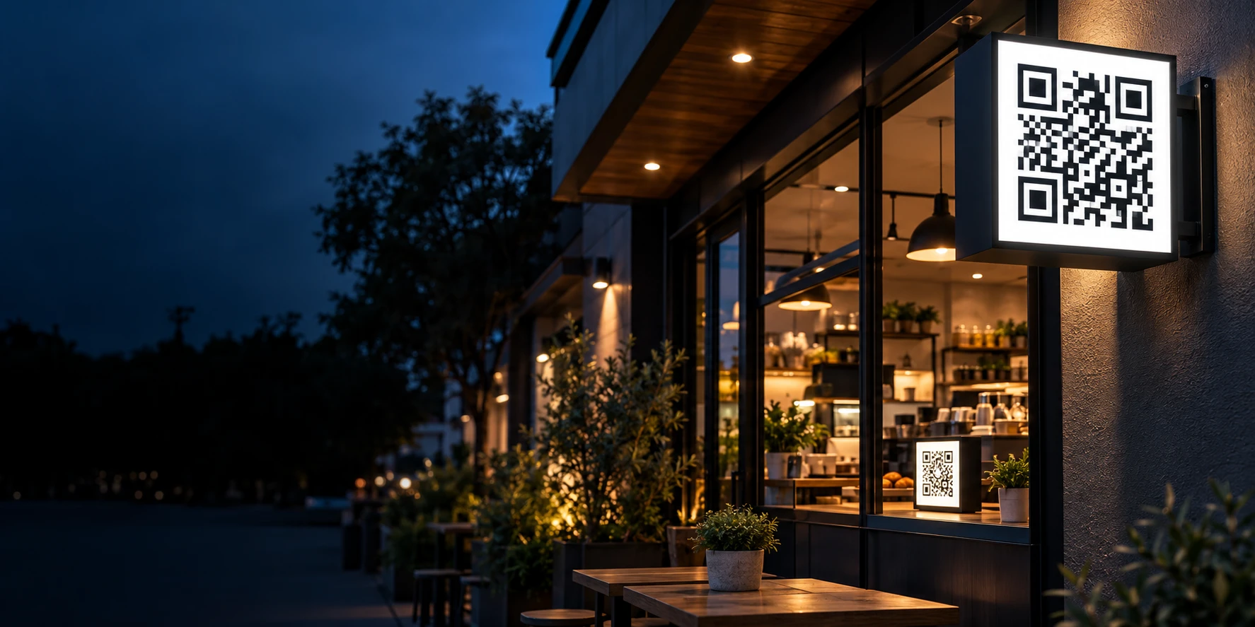 Concept of an illuminated QR sign outside a cafe